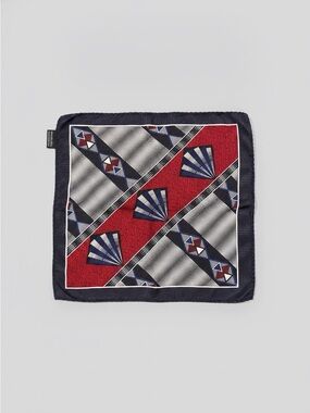 Vintage 100% Silk Pocket Square or Scarf – Red, Navy & Gray Geometric – 13”